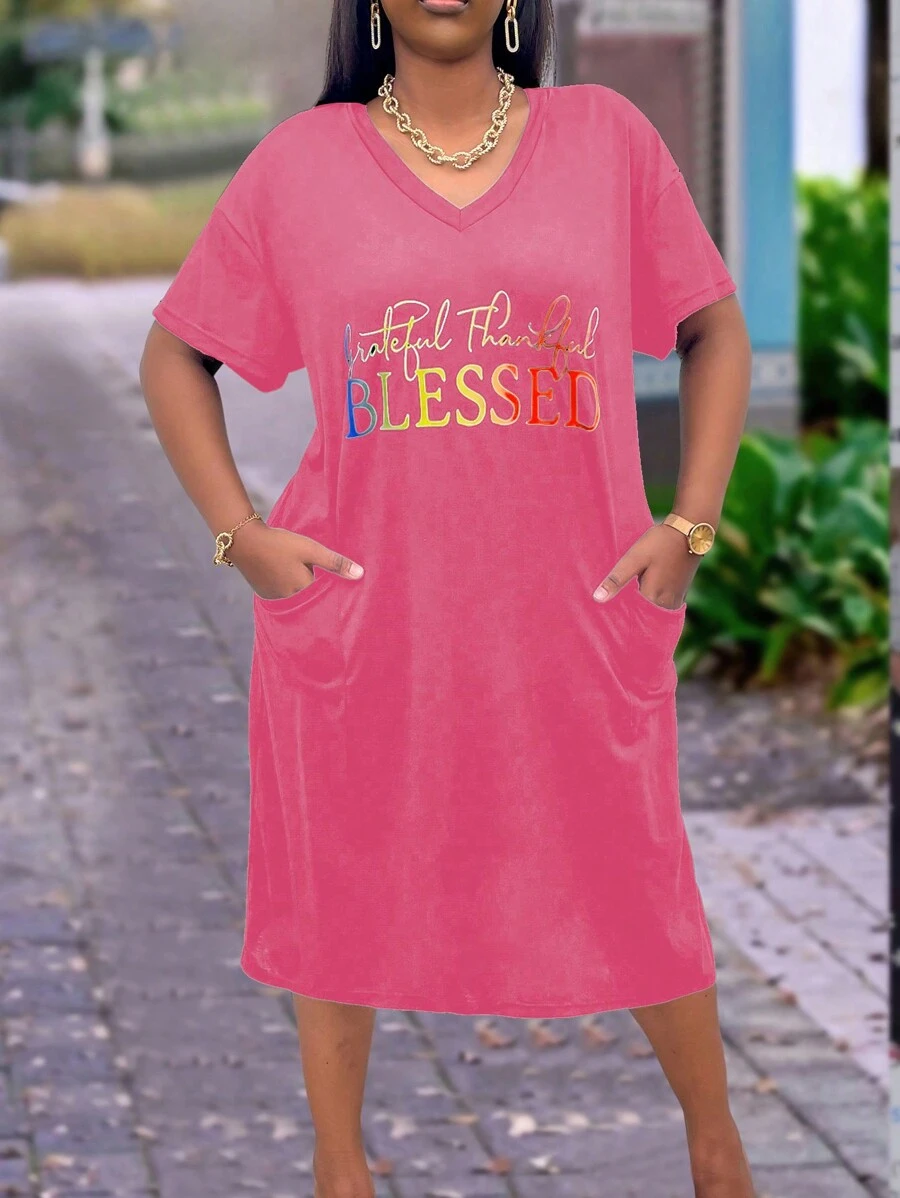 Maweii 大尺碼女士字母印花t卹裙 - 玫紅色 - 查看 1