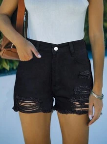 Women's Sexy Distressed With Ripped Butt Wide Leg Straight Denim Shorts - Black - View 1