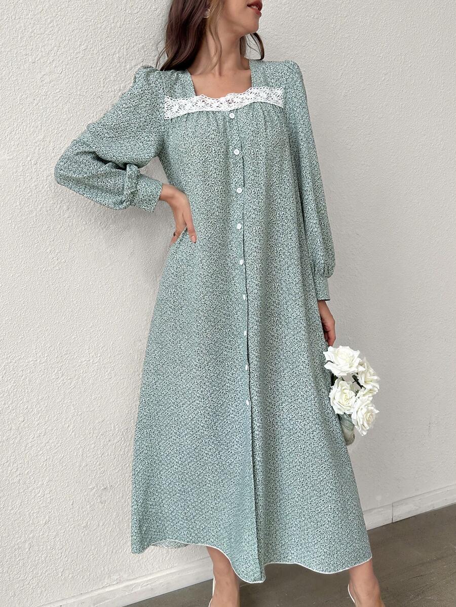 Mulvari Square Neckline Lace Splicing Front Button-Up Sleepwear Dress Long Dress, Fall - Green - View 1