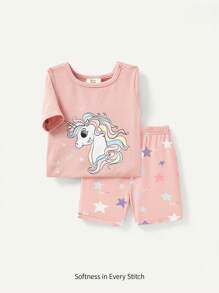 Cozy Pixies Baby Mädchen Schlafanzug-Set mit enganliegendem Schnitt, Einhorn Muster, Kurzarm Rundhals Tee und Lässig Shorts - Altrosa - Übersicht 1