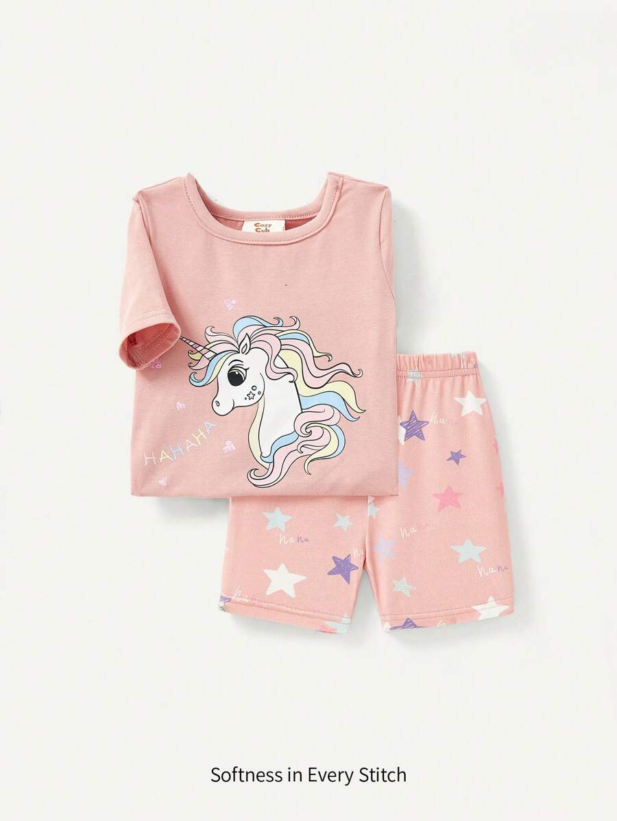 Cozy Pixies Baby Mädchen Schlafanzug-Set mit enganliegendem Schnitt, Einhorn Muster, Kurzarm Rundhals Tee und Lässig Shorts - Altrosa - Übersicht 1