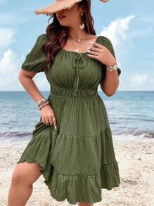Breezaya Plus Size Summer Holiday Solid Textured Waist-Cinching Dress