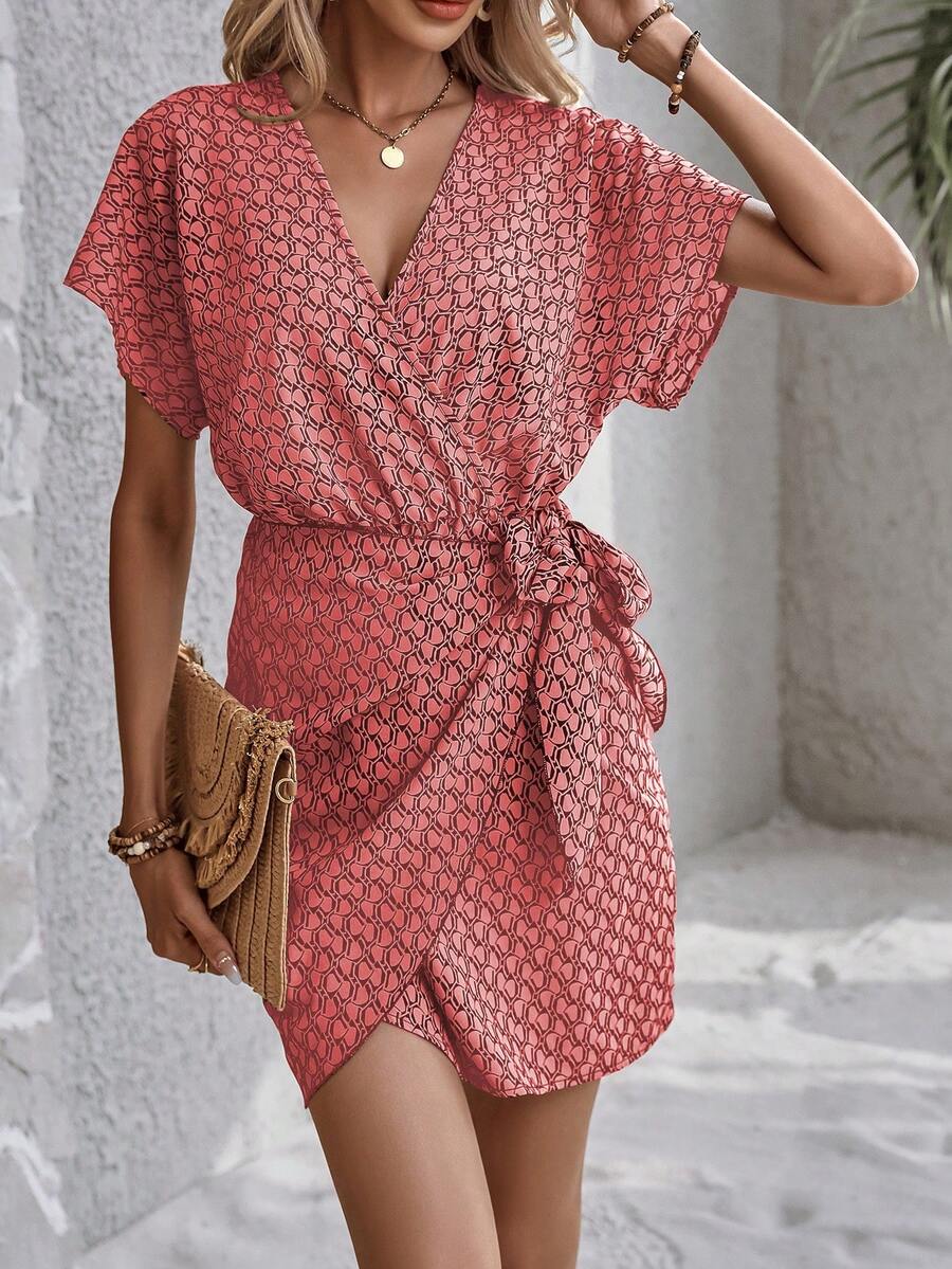 SHEIN Clasi Holiday Style Printed Wrap Dress With Batwing Sleeves - Orange - View 1