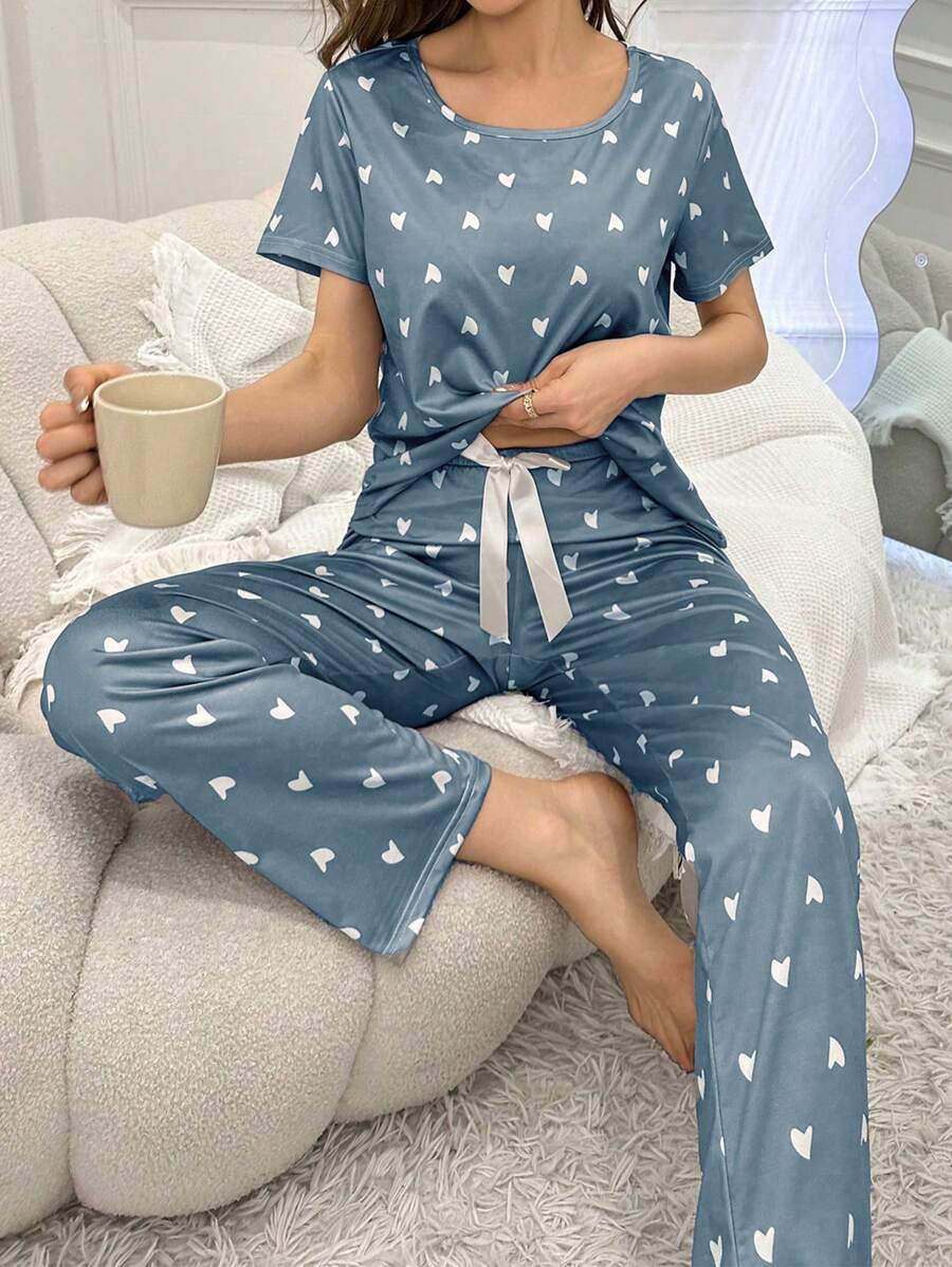Heart Print Bowknot Decor Short Sleeve Top And Long Pants Pajama Set Bow Tie
