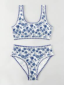 Swim Mod 女士花卉印花兩件式比基尼套裝，適用於夏季海灘和度假 - 彩色 - 查看 1