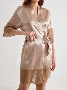 Women's Satin Lace Trimmed Belted Robe - Champagne - View 3
