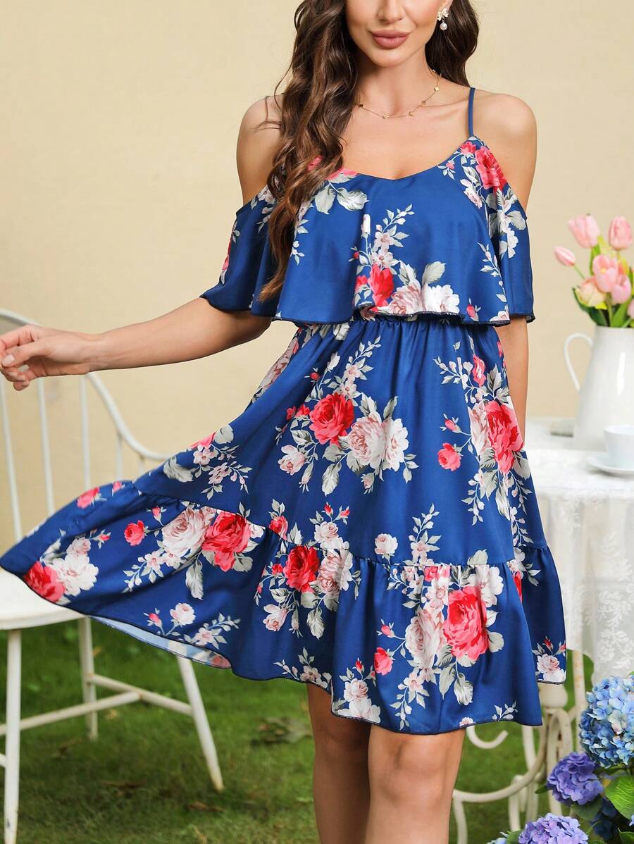 SHEIN Clasi Vestido de chifón floral con hombros descubiertos - Azul - Ver 1
