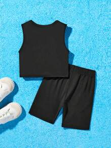 Nick 90s | SHEIN Conjunto De Top Sin Mangas Y Leggings Para Niña Con Estampado De Personaje De Caricatura De Coche - Negro - Ver 2