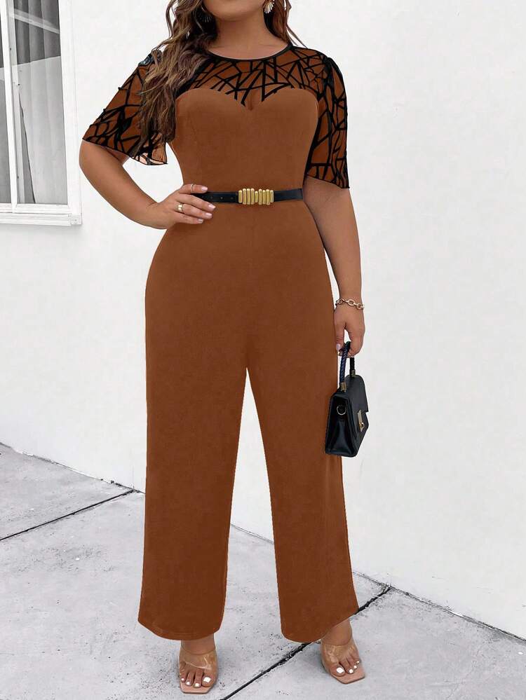 Plus Size Net Yarn Splice Jumpsuit With Waistband For Fashionable Daily Outfits