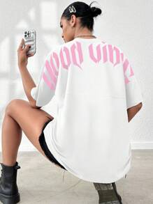 SHEIN Unity 简约字母印花圆领短袖 T 恤图案 T 恤女式上衣 - 白色 - 查看 3