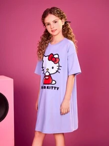 HELLO KITTY AND FRIENDS | SHEIN Tween Girls' Cute And Casual Cartoon Letter Printed Purple T-Shirt Dress - Purple - View 6