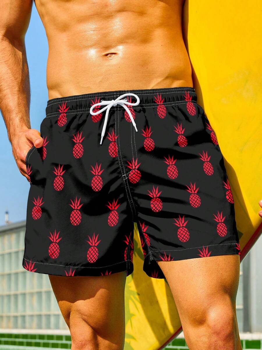 Manfinity Swimmode Men Drawstring Waist Pocket Fruit Print Beach Shorts (Random Cutting) - Black - View 1