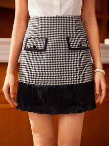 Vintamour 复古优雅女式裙子采用柔软的千鸟格纹皱纹面料制成，春夏格子黑色裙子迷你裙 - 黑色 - 查看 3