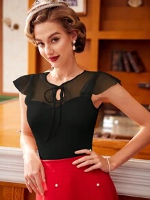 Vintamour Mesh Panel Ruffle Sleeve Round Neck Tee With Tie Summer Clothes Old Money Aesthetic Women Tops Teacher Tops Crew Neck Valentine Day Summer Bow Crop Tops Going Out Tops Women Birthday Outfits For Women Business Casual Woman Valentine's Day Cute Tops Lace Top Tops Valentine Day Summer Outfits For Women