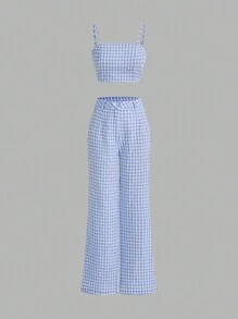 SHEIN Unity Casual Checkered Crop Top And Wide Leg Pants Two Pieces Set - Blue - View 1