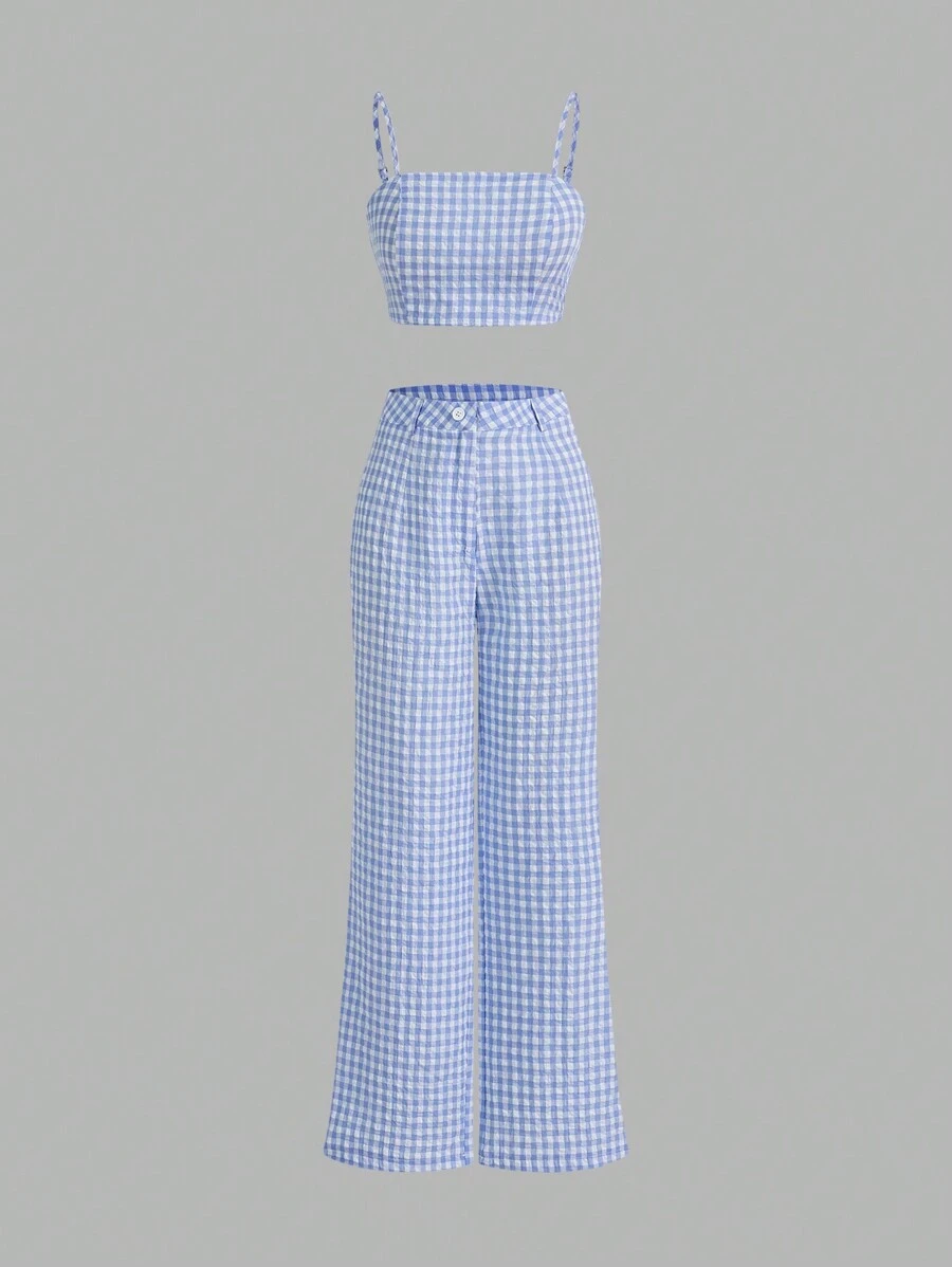 SHEIN Unity Casual Checkered Crop Top And Wide Leg Pants Two Pieces Set - Blue - View 1