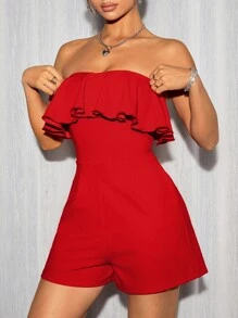 SHEIN PETITE Women's Red Off-The-Shoulder Playsuit With Ruffle Hem - Black - View 1