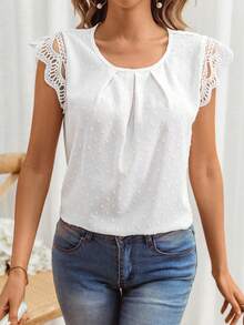 SHEIN Frenchy 女士純色蕾絲拼接褶皺襯衫,白色襯衫婚禮季節夏裝,田園風白色婚禮季節 - 白色 - 查看 4