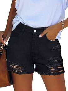 Women's Sexy Distressed With Ripped Butt Wide Leg Straight Denim Shorts - Black - View 3