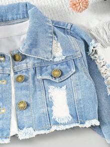 Đứa bé gái Retro Denim mùa giặt Rách Phong cách đường phố Áo khoác denim Cho mùa xuân - Rửa nhẹ - Xem 5
