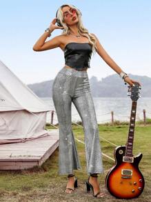 Allurite Spring/Summer Casual Crocodile Print Flare Pants For Music Festival - Multicolor - View 6