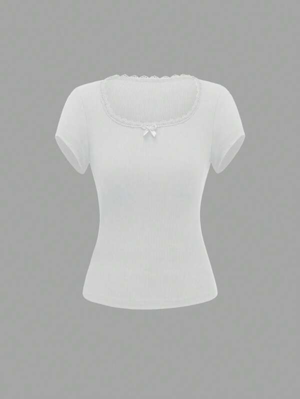 Sweetra Women's Slim Fit Short Sleeve T-Shirt With Hollow Out Stripe, Lace And Bow Decorations
