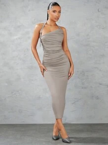 SHEIN BAE Màu thuần Xù Halter Neck Thắt lưng Váy bodycon Với Trang trí Khóa - Xám - Xem 4