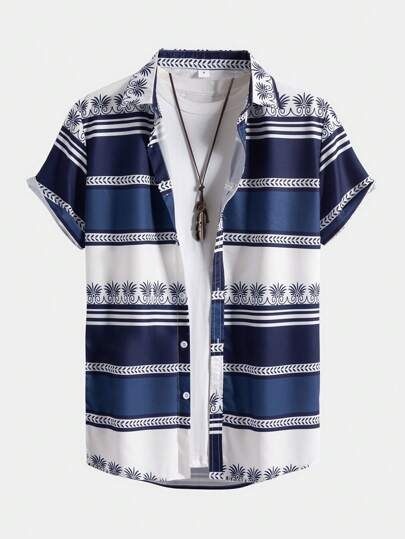 ROMWE MEN Prep Men's Colorblock Striped Short Sleeve Shirt, Summer