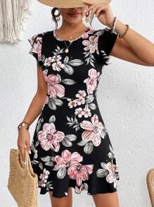 SHEIN VCAY Floral Print Ruffled Sleeve Knited Waist Summer Women Dress - Multicolor - View 3
