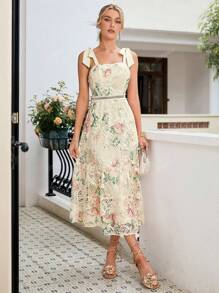 Simplee Women's Spaghetti Strap Lace Print Elegant Dress, Party Gown, Wedding Guest Dress, Birthday Outfit