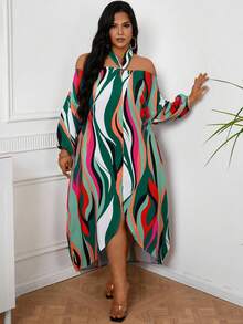 SHEIN VCAY Plus Size Women's Striped High Slit Off Shoulder Halter Neck Dress - Multicolor - View 4