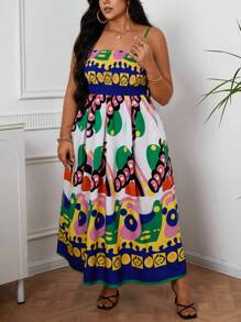 SHEIN VCAY 大尺寸復古印花細肩帶夏日假日連衣裙 - 彩色 - 查看 3