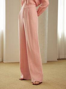 MOTF PREMIUM Pantalones Anchos De Lino Sólido Con Cremallera En Color Liso Para Traje - Rosa coral - Ver 5