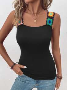 SHEIN LUNE Top de tanque sin mangas para mujer de unicolor con correa de hombro bordada - Negro - Ver 3