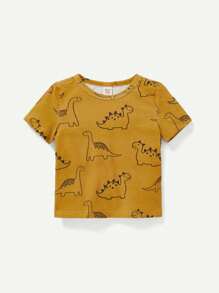 Cozy Pixies Baby Boy Cartoon Dinosaur Pattern Short Sleeve Color Block Round Neck Top 3pcs/Set