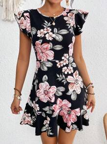 SHEIN VCAY Floral Print Ruffled Sleeve Knited Waist Summer Women Dress - Multicolor - View 4
