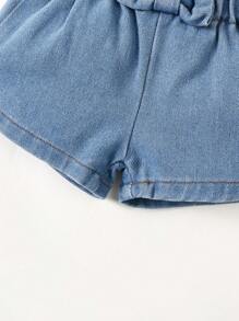 Baby Girls' Bowknot Detail Paper Bag Waist Denim Shorts, Spring/Summer - Light Wash - View 5