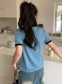 Camiseta De Manga Corta Con Letras Impresas Y Ribete Contrastante - Azul - Ver 3