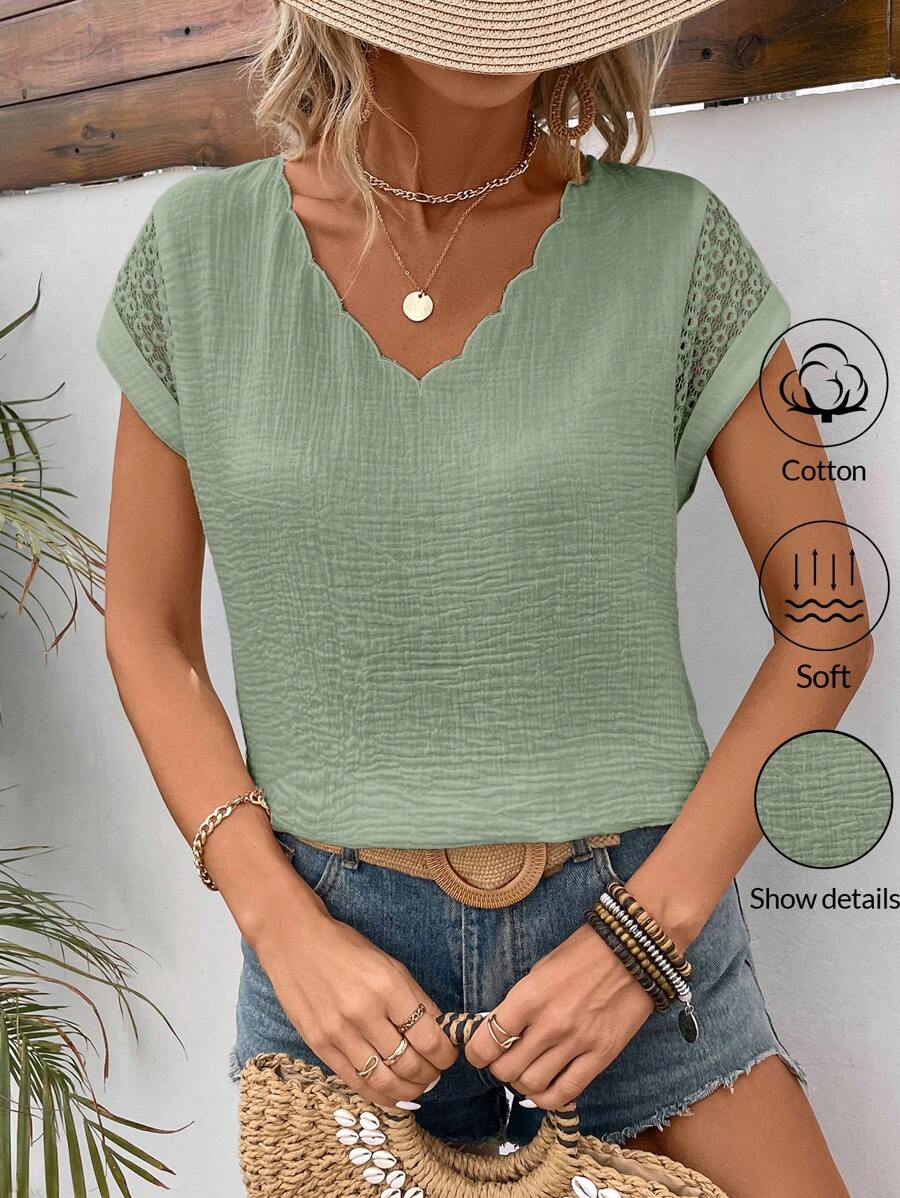 SHEIN Frenchy Của phụ nữ Mùa hè Màu thuần Ren Nối Áo sơ mi Với lột vỏ Thiết kế đường viền - màu xanh lá - Xem 1