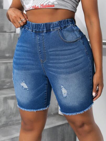SHEIN SXY Plus Size Women's Elastic Waist Denim Cycling Shorts With Distressed Frayed Hem