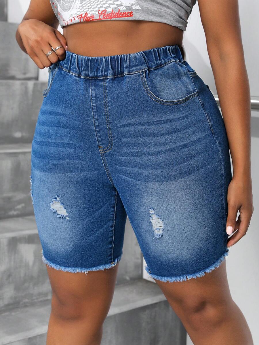 SHEIN SXY Plus Size Women's Elastic Waist Denim Cycling Shorts With Distressed Frayed Hem - Medium Wash - View 1
