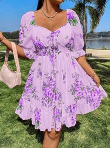 Flirla Plus Size Elegant Vacation Summer Boho Dress With Flower Print Vacation Beach Outfits Women - Mauve Purple - View 5