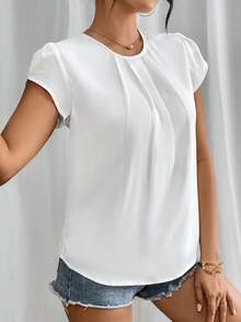 SHEIN PETITE Blusa de manga corta con manga de pétalos de color sólido y cuello redondo - Blanco - Ver 4