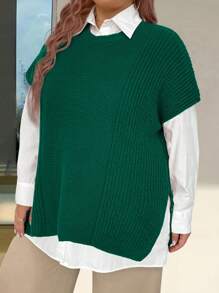 SHEIN LUNE Women's Plus Size Short-Sleeved Sweater With Side Slits Knit Pullover Fall Winter Autumn - Dark Green - View 4
