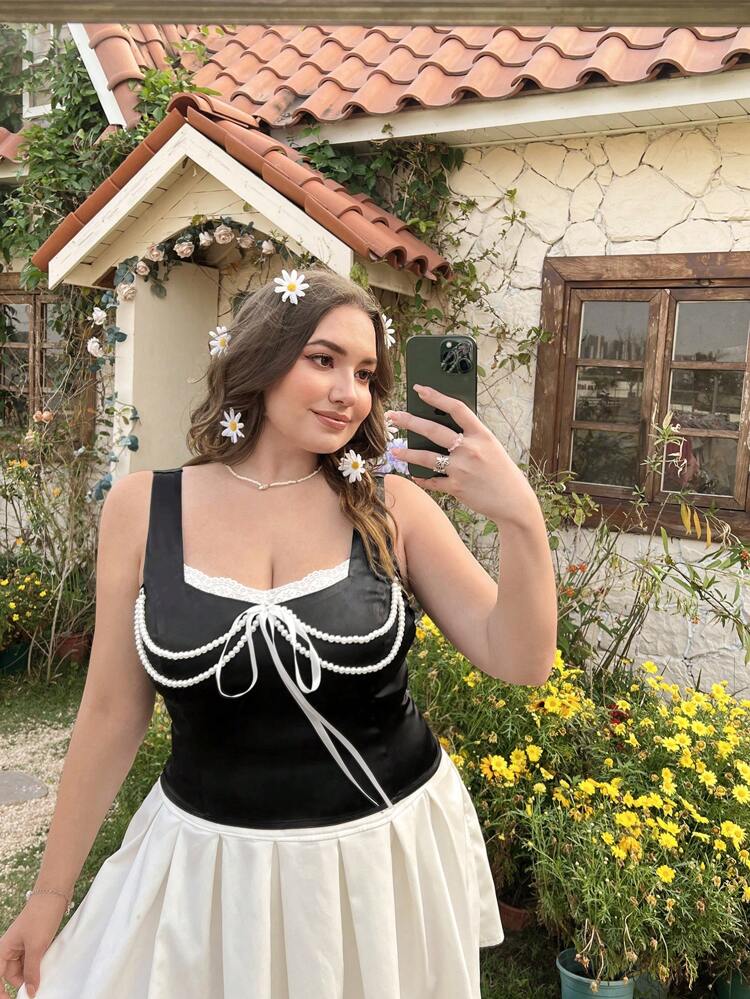 Plus Size Women's Spliced Lace Up Front Camisole Tank Top