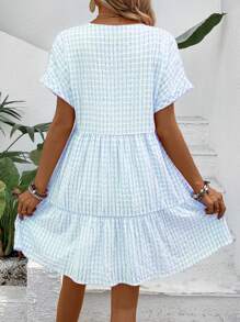 EMERY ROSE Women V-Neck Plaid Vacation Style Short Sleeve Dress