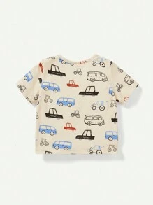Cozy Pixies Baby Boy Knitted Soft Letter Car Pattern Round Neck Short-Sleeved Top Two-Piece Set - Apricot - View 2