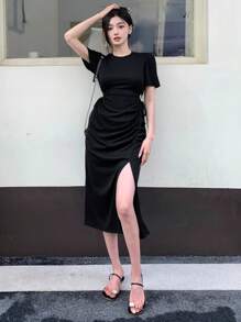 DAZY 休闲夏季短袖褶裥开衩连衣裙太阳裙 - 黑色 - 查看 4