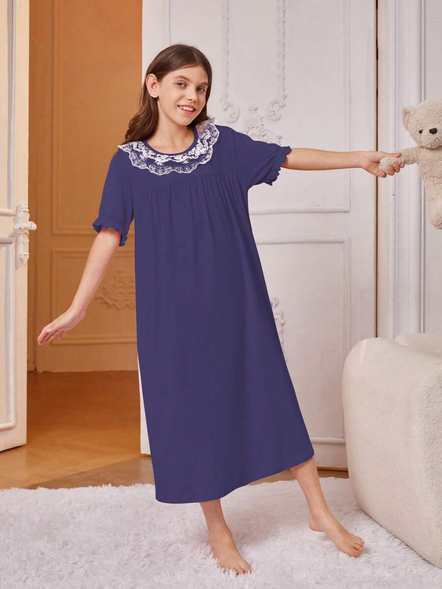 SHEIN Tween女孩簡單針織圓領短袖睡衣，白色蕾絲邊緣 - 寶藍色 - 查看 1