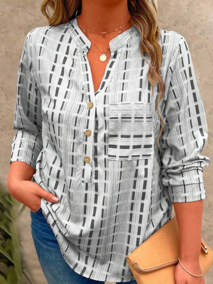 Plus Size Plaid Printed Patch Pocket Button Detail Shirt